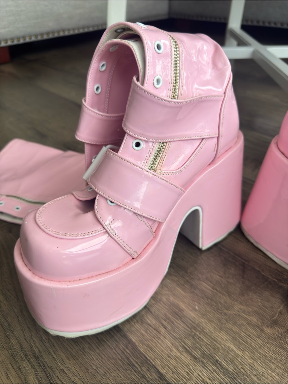 DEMONIA Platform Knee-High Buckle Boots - Pink - Picture 7 of 11